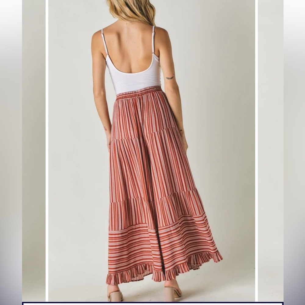 DAVI & DANI RUST STRIPE
RUFFLE CASUAL PANT sz small pockets preloved boho - Picture 6 of 13